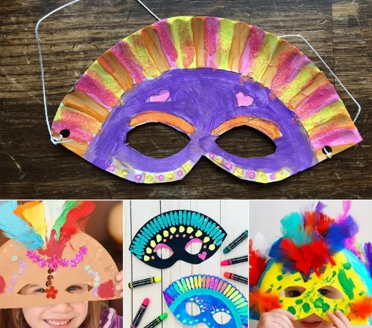 Faschingsmasken basteln aus Papptellern in bunten Farben mit Kindern