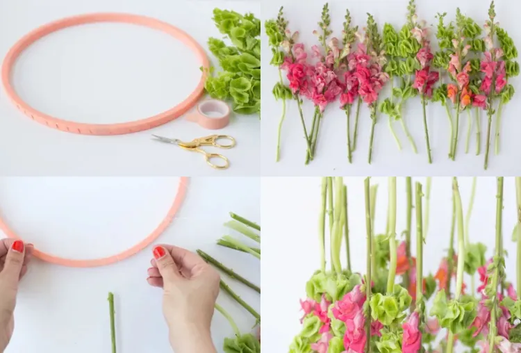 Frühlingsdeko aus Naturmaterialien selber machen Kronleuchter aus Blumen basteln einfach