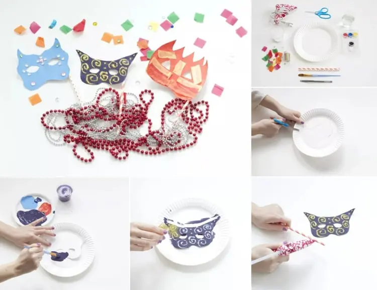 Kreative Faschingsmasken basteln aus Papptellern und mit Glitzer, Farben und Glitzersteinen gestalten