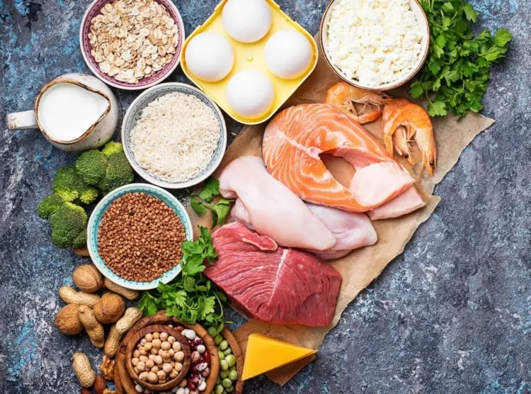 Proteine aus Fleisch, Fisch und Milchprodukten mit Gemüse zum Abendessen, aber kohlenhydratfrei
