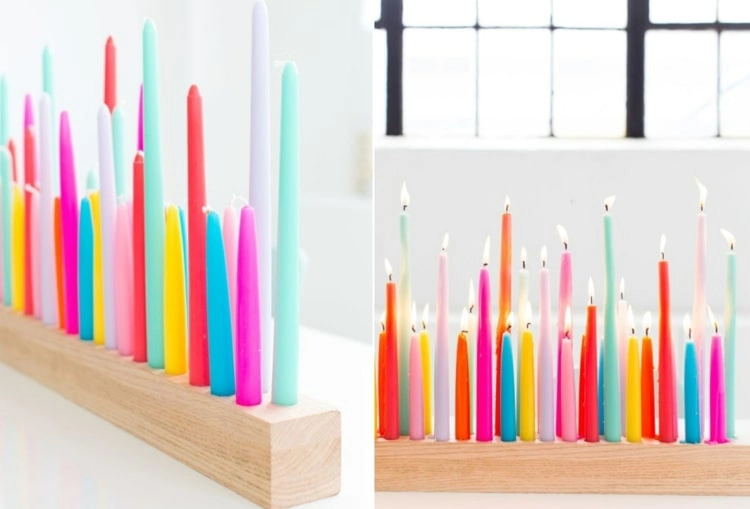 Tischdeko zum Fasching mit Ideen aus Kerzen - Kunterbunte Tafelkerzen auf Holz