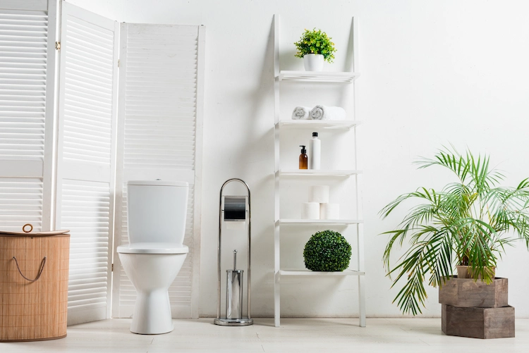 minimalistisch eingerichtete toilette mit pflanze und korb in weiß