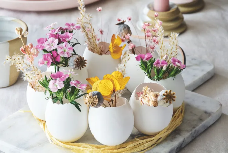 Eierschalen Ostern Dekoideen Tischdeko Frühling mit Naturmaterialien