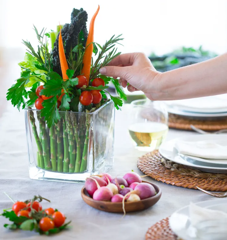 Gemüse Blumenstrauß Ideen Tischdeko Frühling mit Naturmaterialien