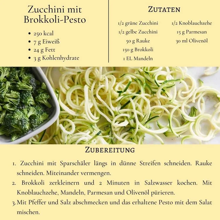 Vegetarischer Salat aus Zucchini und Rauke mit Brokkoli-Pesto