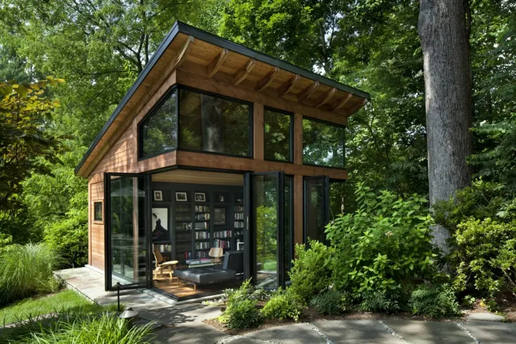 Design Gartenhaus zum Wohnen mit Schlafbereich und Bibliothek