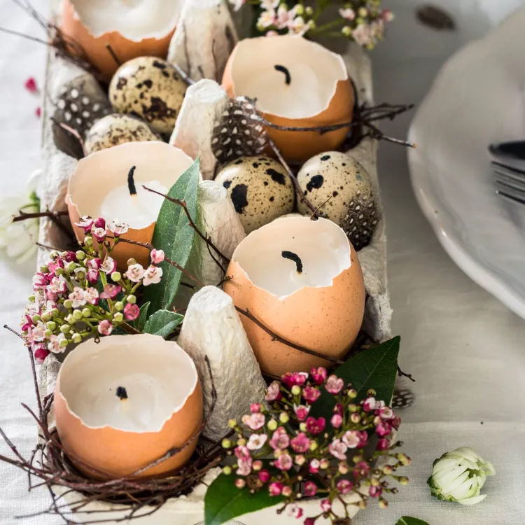 Eierschalen als Kerzenhalter verwenden Tischdeko Ostern mit Naturmaterialien