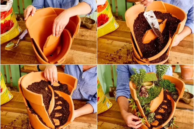 Feengarten aus kaputtem Topf selber machen ist einfach und spannend