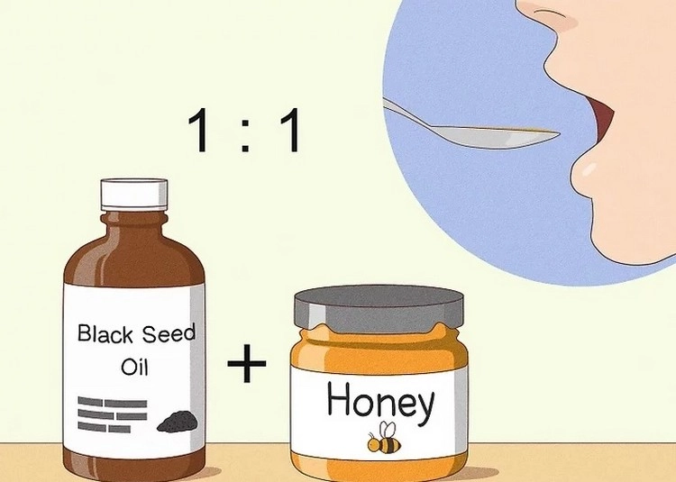 Flüssiges Öl aus Schwarzkümmel mit Honig oder Zitronensaft mischen