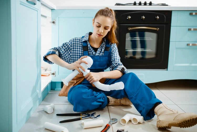 Handwerkerin repariert Abflussrohr in der Küche