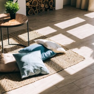 Lichtdurchfluttetes Zimmer im Skandinavischen Stil mit Naturfaser Teppich