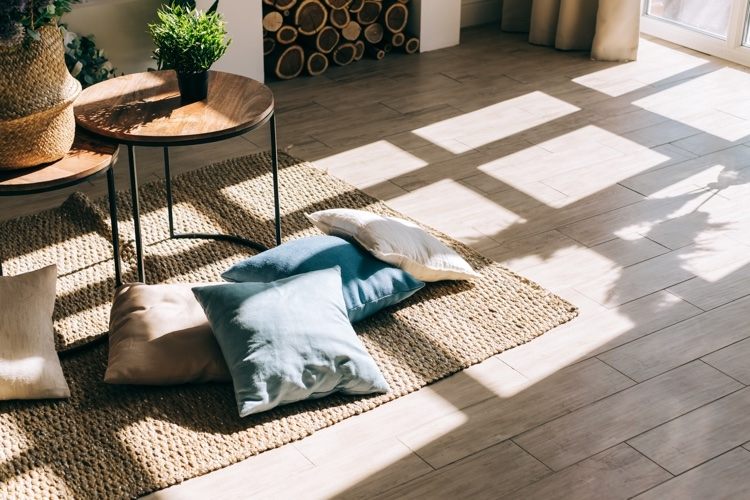 Lichtdurchfluttetes Zimmer im Skandinavischen Stil mit Naturfaser Teppich