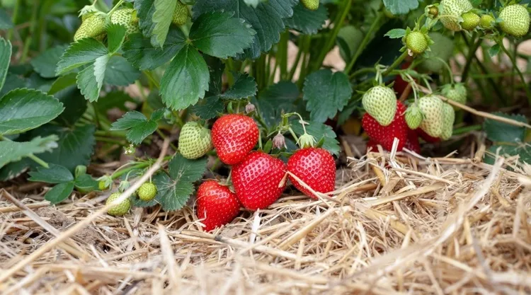 Reife und unreife Erdbeeren im Beet