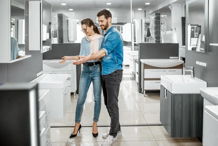 a couple would like to plan a new bathroom in the store and choose the right bathroom furniture