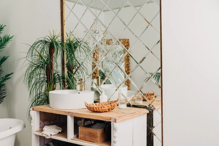 großer spiegel im badezimmer mit pflanze