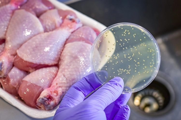 kontamination mit bakterien salmonellen aus rohen hähnchenkeulen beim kochen