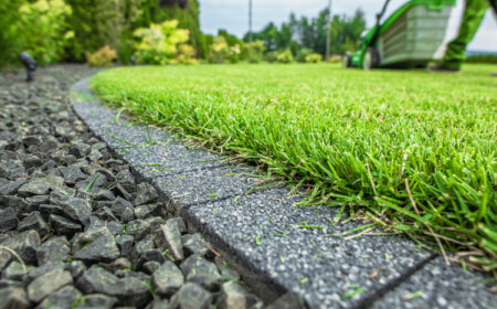 ordentlich gepflegte rasenkante im garten beim mähen