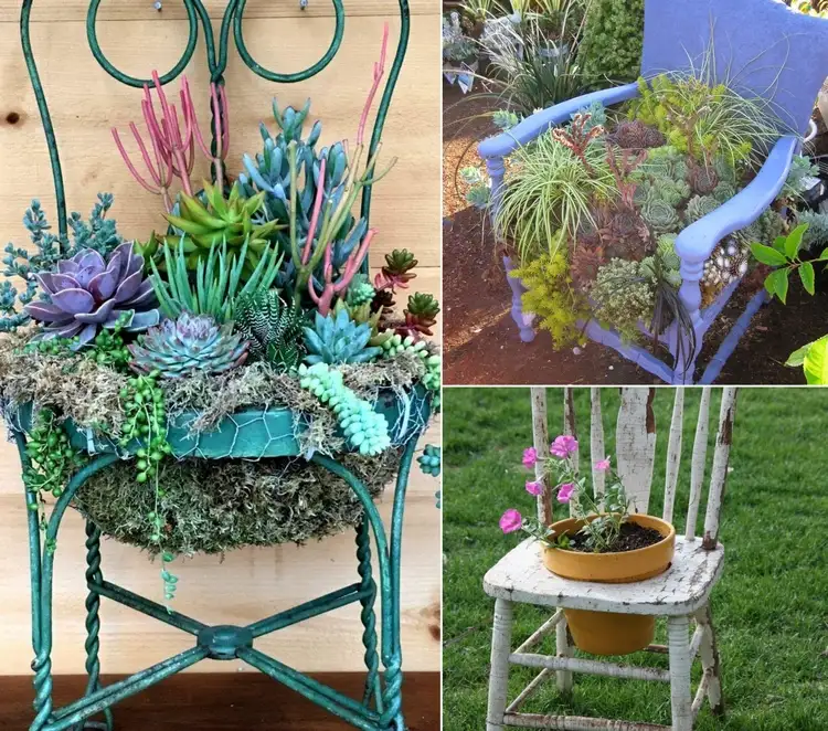 Alter Stuhl als Gartendeko - Bepflanzen Sie mit Blumen im Topf