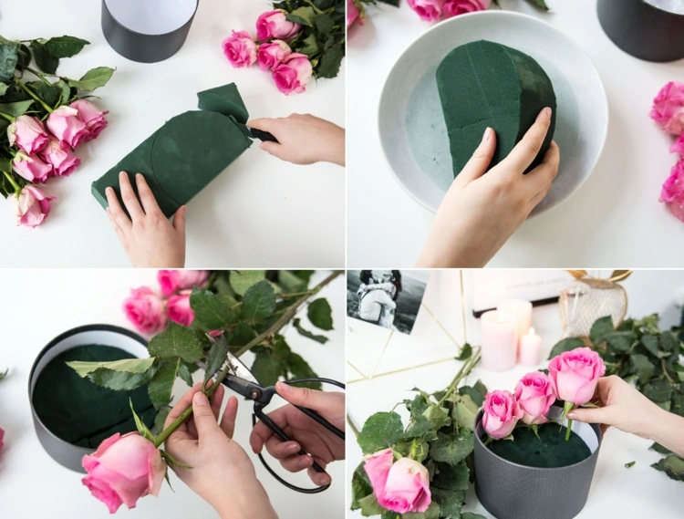 Blumenbox selber machen für eine runde Schachtel mit Steckschaum und rosa Rosen
