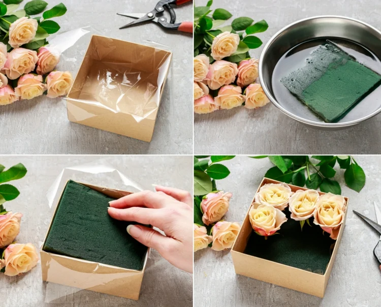 Blumenbox selber machen in einer quadratischen Geschenkschachtel mit Folie