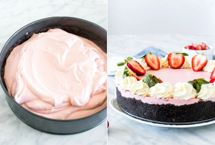Erdbeer-Cheesecake - Erdbeeren pürieren und mit Frischkäse mischen