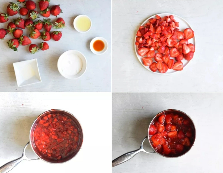 Erdbeeren kleinschneiden und eine Soße kochen