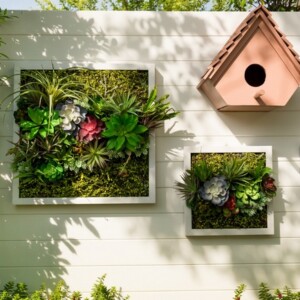 Terrassenwand gestalten mit Sukkulenten und Vogelhäusern