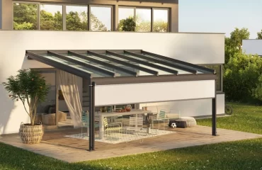 3d plan eines patio bereichs mit überdachung aus stegplatten und glas
