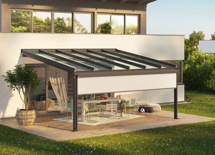 3d plan eines patio bereichs mit überdachung aus stegplatten und glas