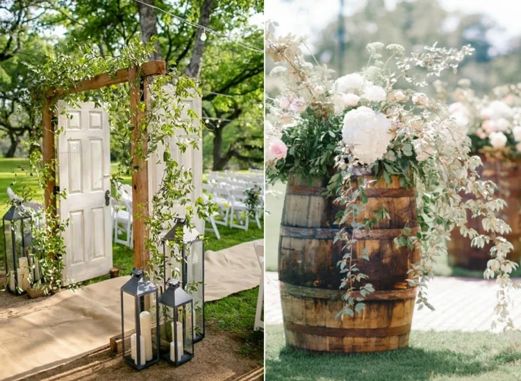 Alte Türen als Hochzeitsdeko einsetzen oder bepflanzte Fässer