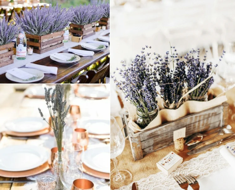 Gartenhochzeit Deko - Sommerliche Tischdekoration mit Lavendel und Kupfer oder Holz