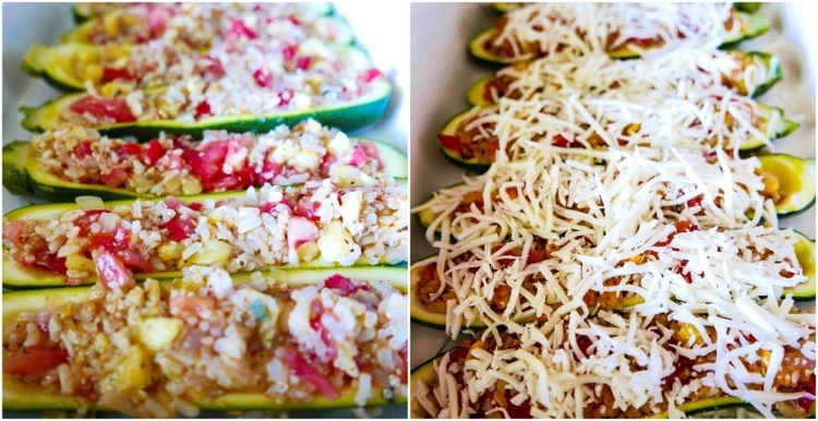 Gefüllte Zucchini vegetarisch mit Reis und mit Mozzarella überbacken