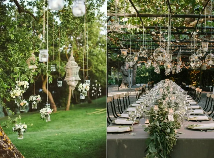 Hochzeitstische mit Glaskugeln dekorieren bei einer Kletterhilfe für Weinreben