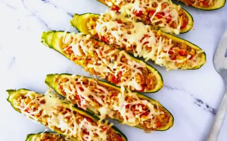 Zucchini Schiffchen vegetarisch überbacken zum Abendessen