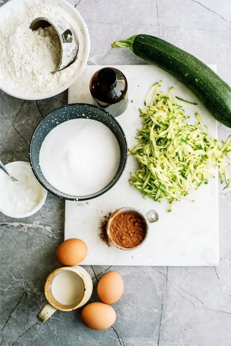 Ingredients for delicious chocolate cake with zucchini