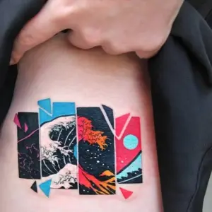 buntes surfer tattoo mit darstellung einer großen welle in verschiedenen farbtönen und formen