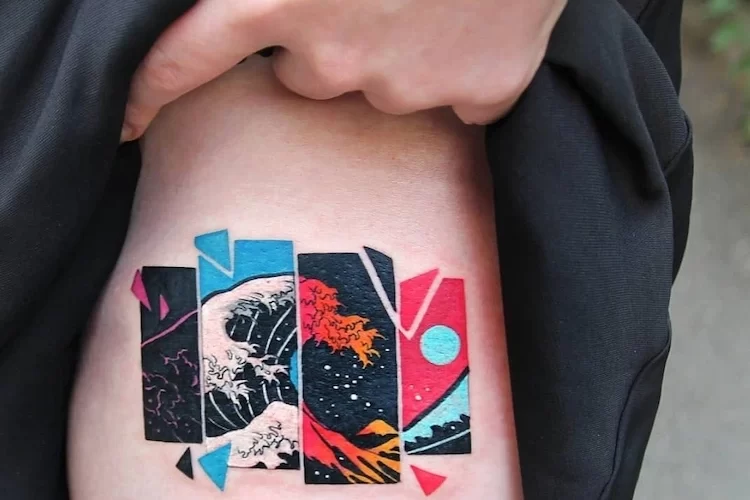 buntes surfer tattoo mit darstellung einer großen welle in verschiedenen farbtönen und formen