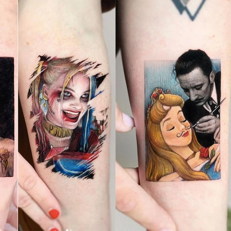 farbige arm tattoos als kombination aus berühmten filmfiguren und künstlern voll im trend 2022