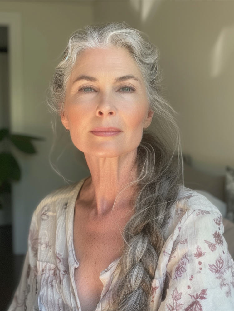 frau ab 60 mit langem, grauen zopf