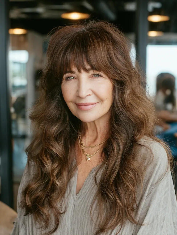 frau ab 60 mit langen braunen haaren