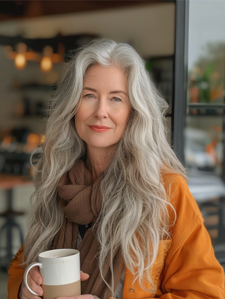 frau über 60 mit langen weißen haaren