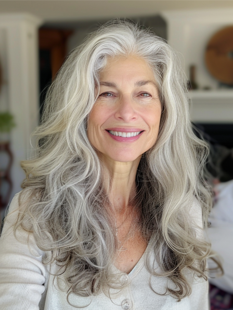 lange frisur für frauen ab 60 in weiß mit grauen strähnchen