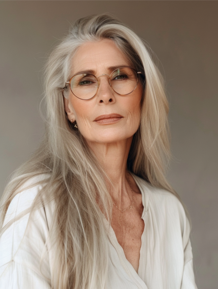 lange frisur für frauen ab 60 mit brille