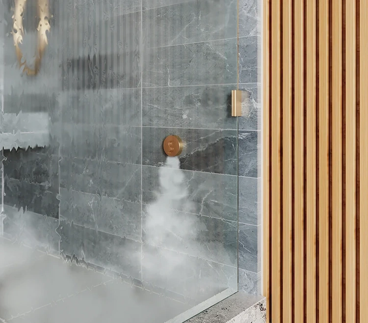 moderner duschbereich mit verkleidung aus holz und glastür sowie dusche mit dampf als neuheit 2022