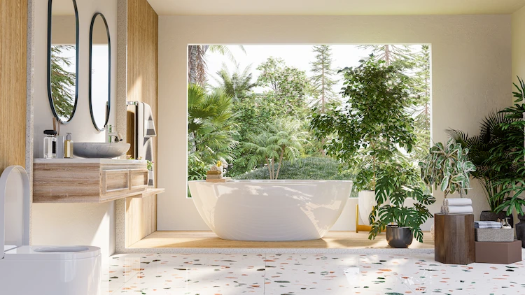 trendiges badezimmerdesign mit biophilie und terazzo boden die natur ins bad bringen