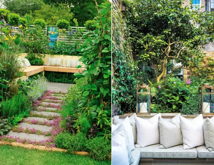 Natürliche Sitzecke im Garten gestalten mit üppiger Bepflanzung auf allen Ebenen