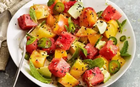 Sommersalat mit Tomaten Wassermelone und Avocado zubereiten