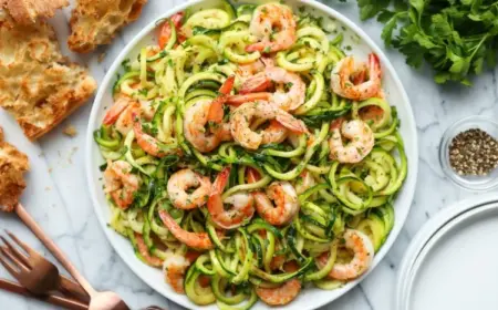 Zucchini Spaghetti mit Garnelen zubereiten Rezepte
