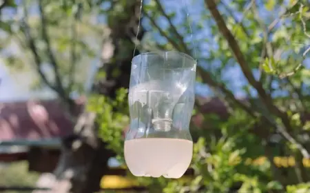 wespen vertreiben im sommer mit wespenfalle aus plastikflasche auf einem baum aufgestellt