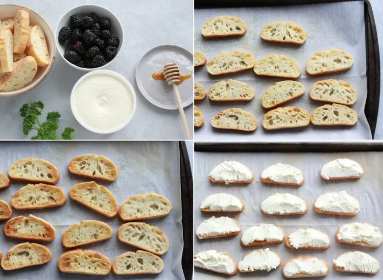 Bake the baguette and spread with ricotta and berries